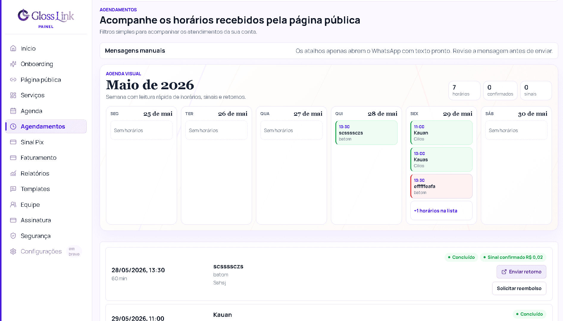 Screenshot do painel Gloss Link com agenda visual, horarios recebidos e status ficticios.