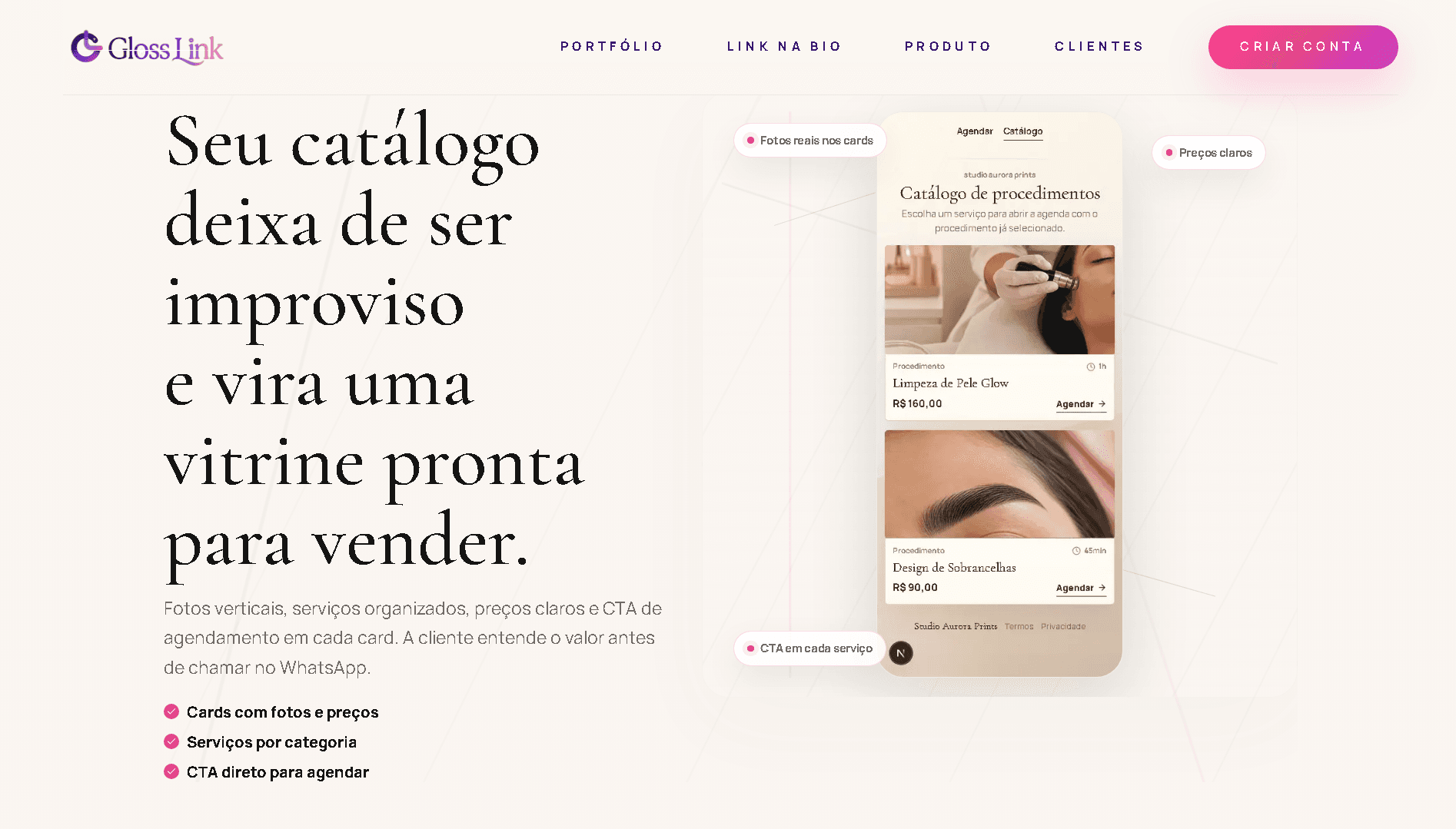 Pagina publica do Gloss Link com catalogo de procedimentos, precos e CTA de agendamento.