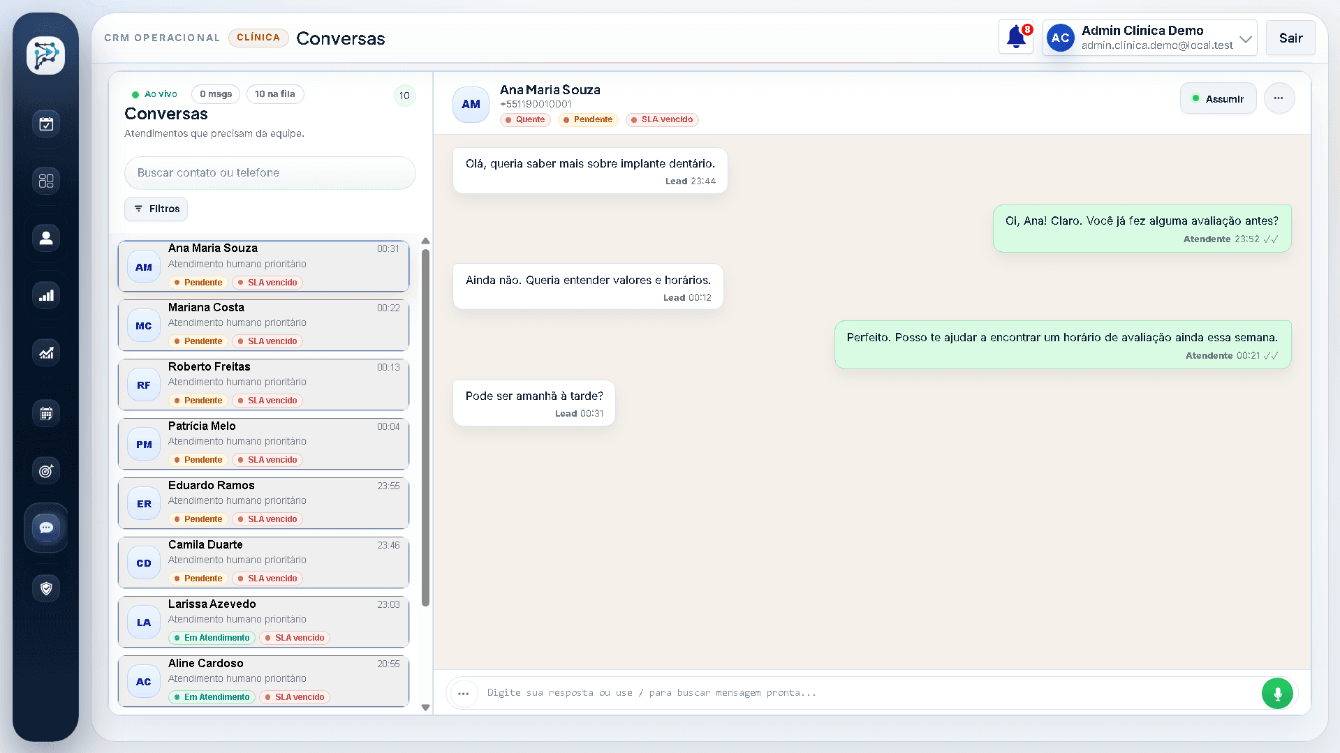 Tela de conversas do PROGN com fila de atendimentos e chat de um lead ficticio.