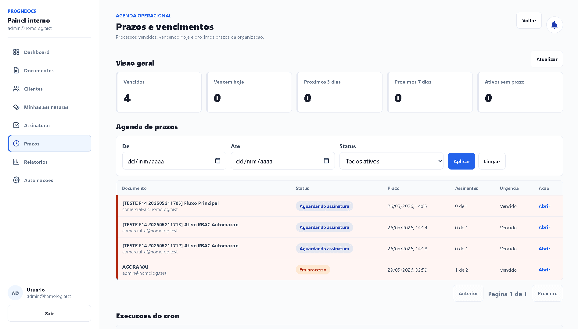 Tela de prazos e vencimentos do PrognDOCS com agenda de documentos vencidos.