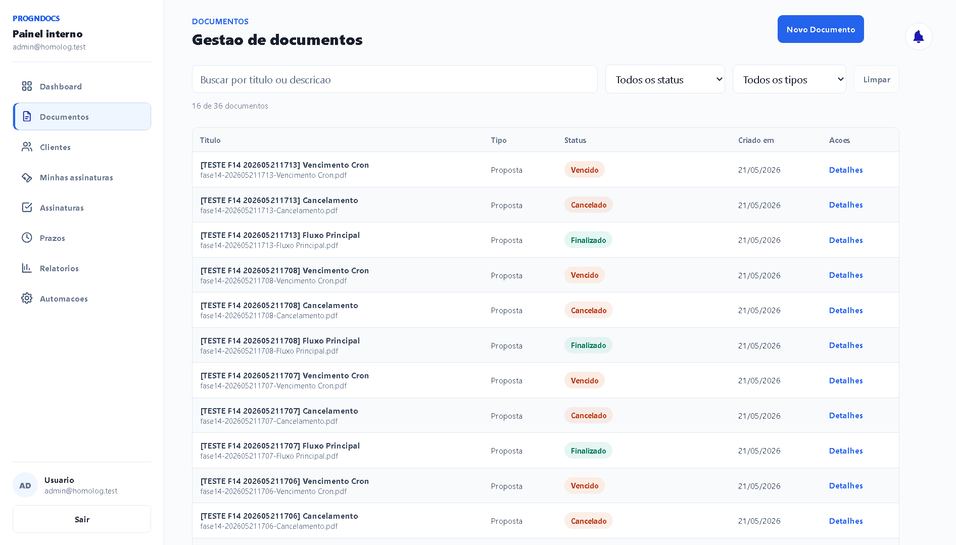Tela de gestao de documentos do PrognDOCS com filtros, status e lista de arquivos ficticios.