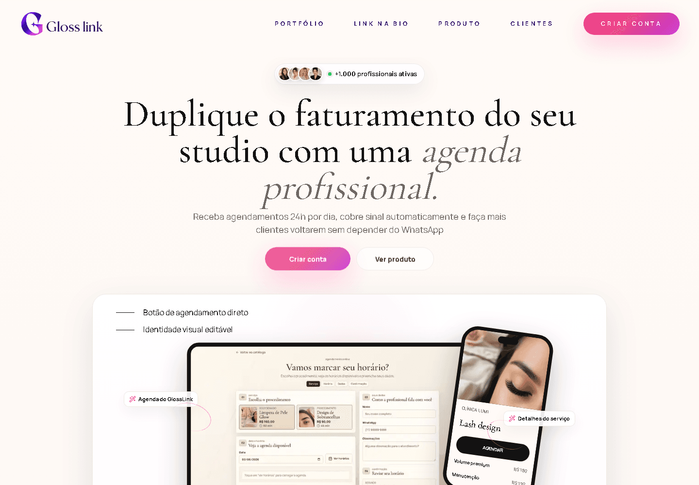 Preview real da landing page Gloss Link com headline, CTA e telas do produto.