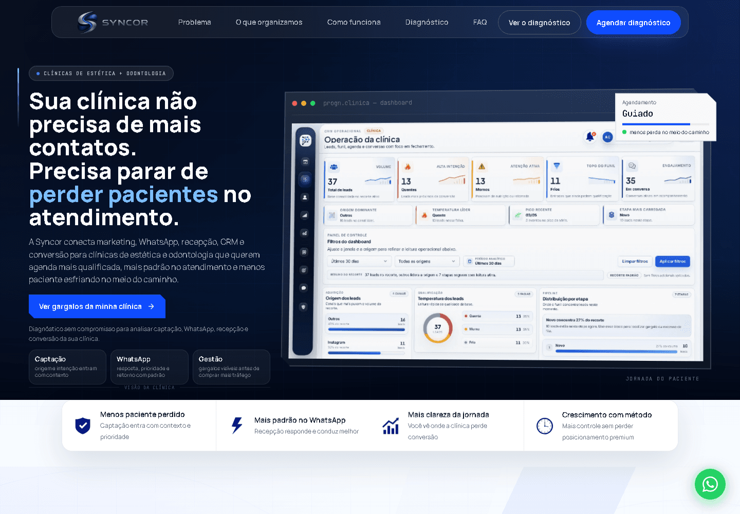 Preview real da landing page Syncorgrup com hero comercial e mockup de CRM.
